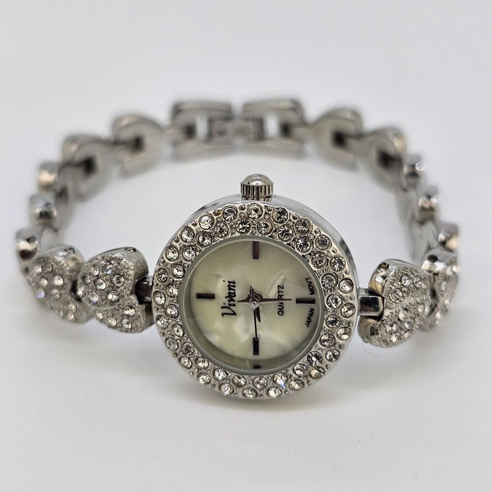 Vivani Women's Watch 22MM Silver Tone MOP Bling‎ Hearts Band 6.75" New Battery